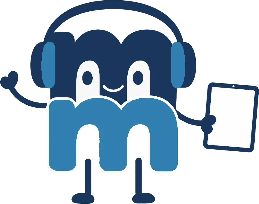 MuddleMend mascot wearing headphones and holding a tablet