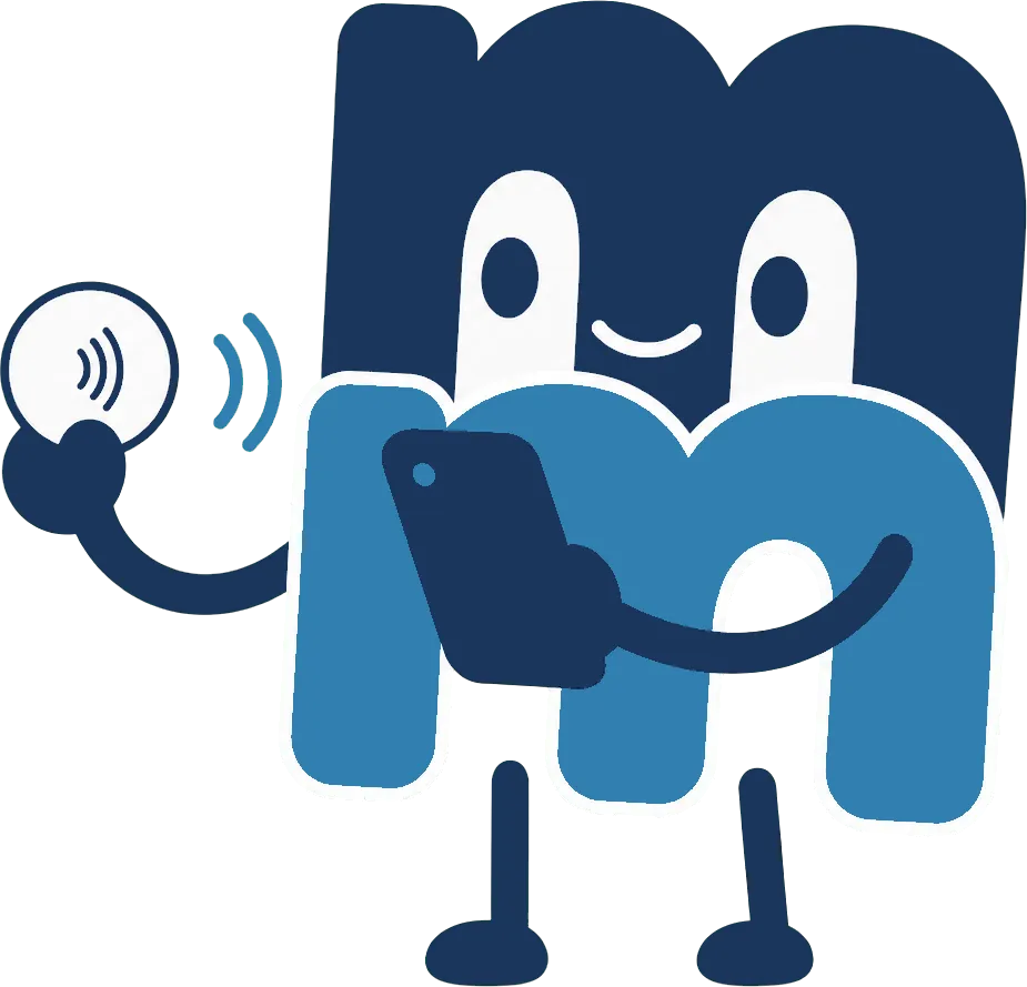 MuddleMend mascot holding an NFC tag and a phone